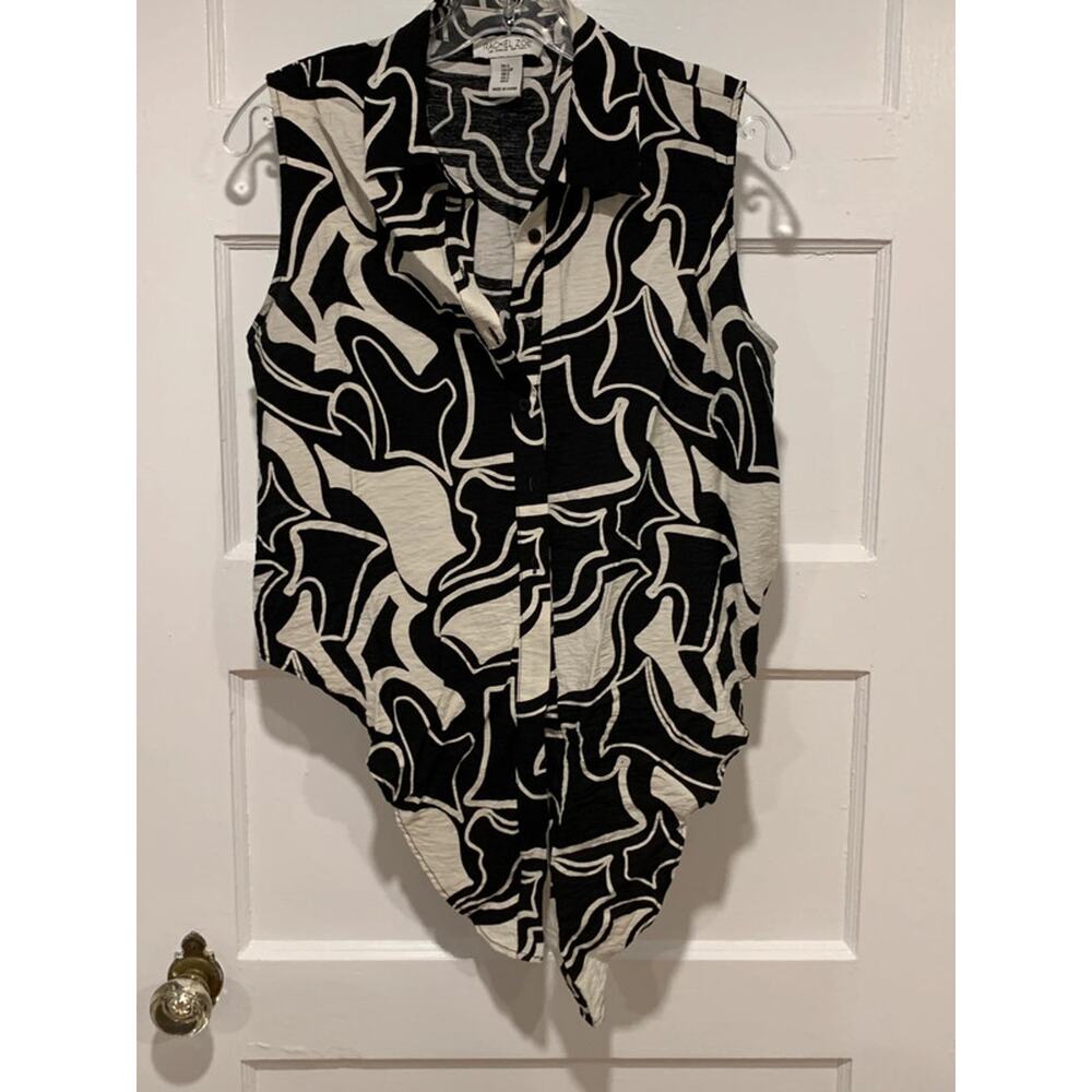 Rachel Zoe Sleeveless Tie-Front Blouse Monochrome Abstract Print Size Small